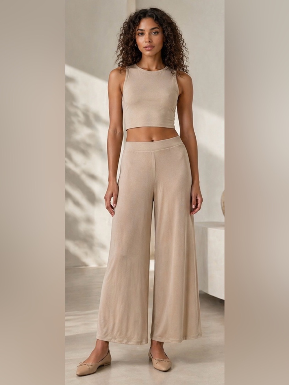 Zara Wide-Leg High-Rise Palazzo Pants in Beige